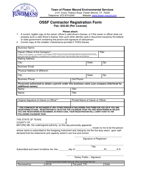 First page of the OSSF Contractor Registration Form