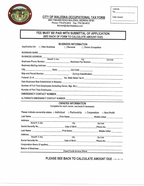 First page of the Occupational Tax Form Application