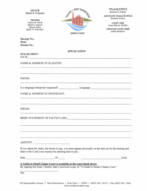 First page of the Application for Small Claims