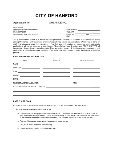 First page of the Variance Application