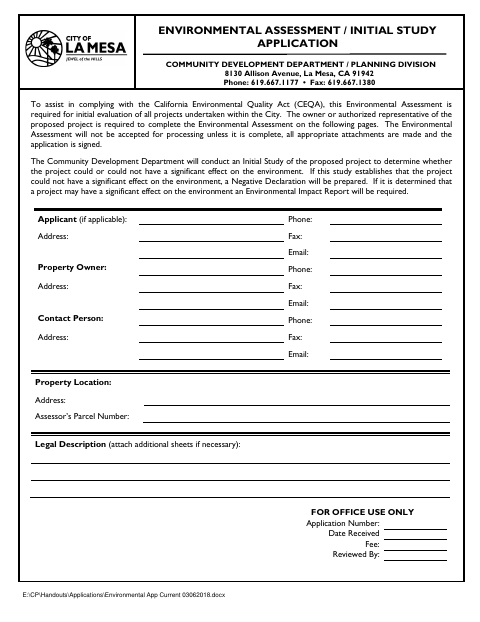 First page of the Environmental Assessment / Initial Study Application