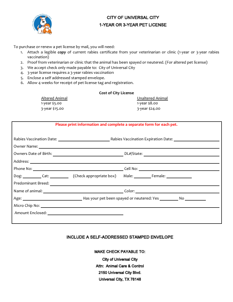 First page of the 1-Year or 3-Year Pet License