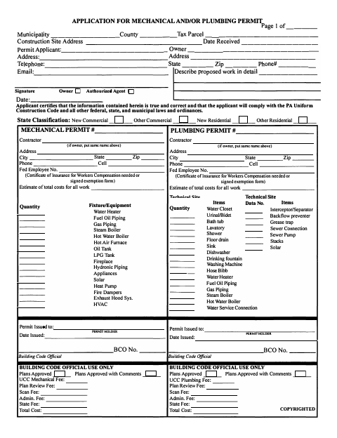 First page of the Application for Mechanical and/or Plumbing Permit