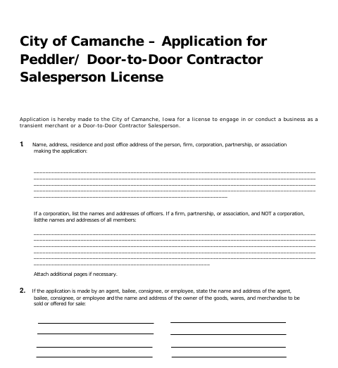 First page of the Peddler and Door-to-Door Salesperson License Application
