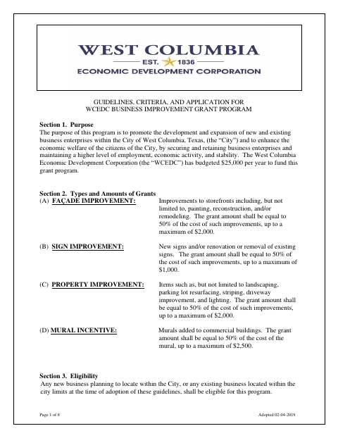 First page of the Business Improvement Grant Program Application