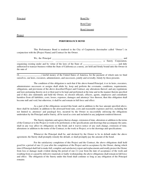 First page of the Performance and Labor & Materials Bond Forms