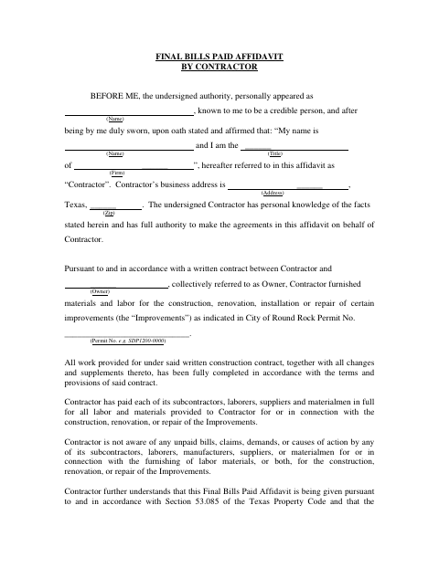 First page of the Final Bills Paid Affidavit by Contractor