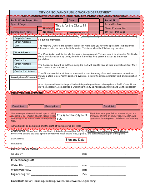 First page of the Encroachment Permit Application and Permit for Construction