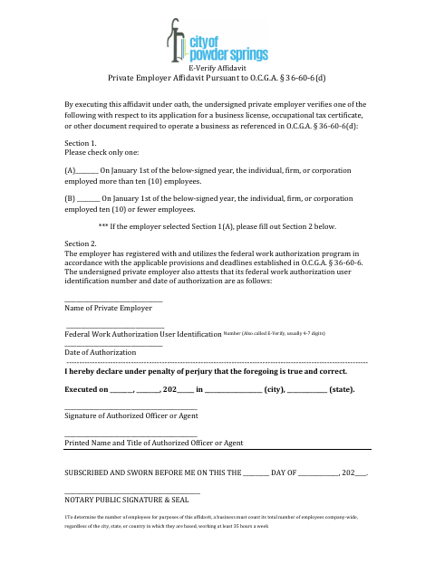 First page of the Private Employer E-Verify Affidavit