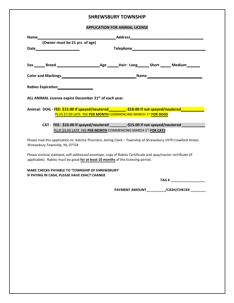 First page of the Animal License Application