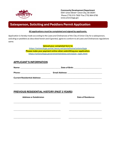 First page of the Salesperson Soliciting and Peddlers Permit Application