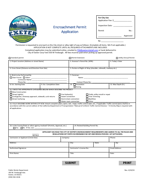 First page of the Encroachment Permit Application