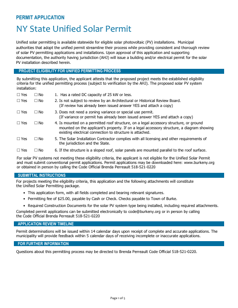 First page of the NY State Unified Solar Permit Application