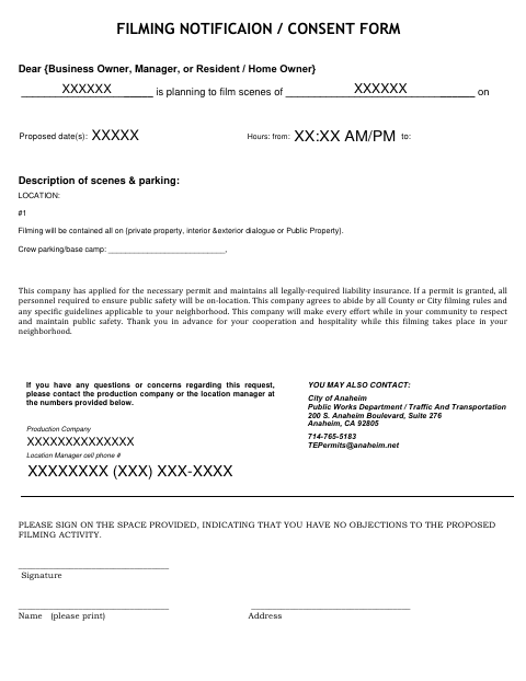 First page of the Filming Notification / Consent Form