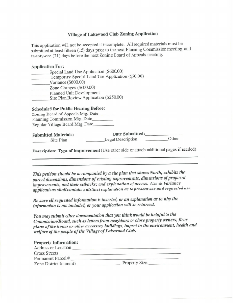 First page of the Zoning Application