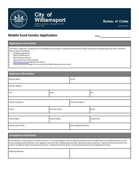 First page of the Mobile Food Vendor Application