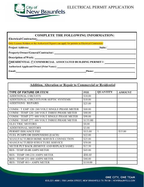 First page of the Electrical Permit Application