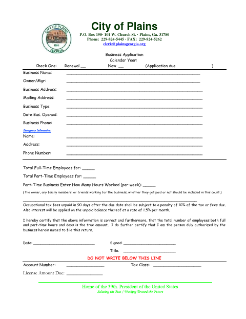 First page of the Business Application