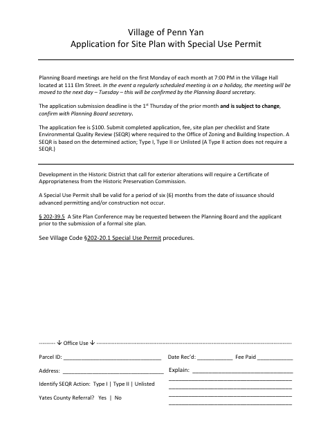First page of the Application for Site Plan with Special Use Permit