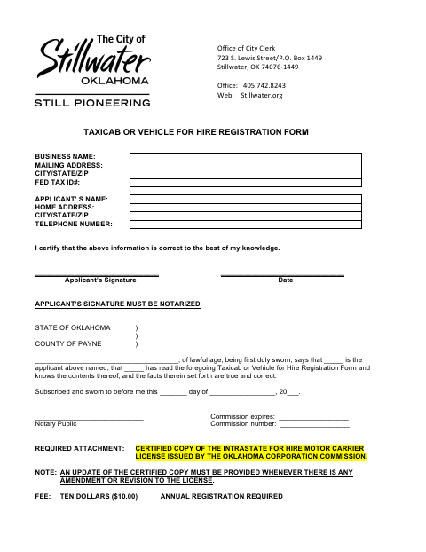 First page of the Taxicab or Vehicle for Hire Registration Form