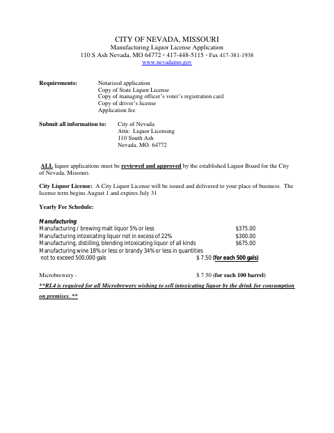 First page of the Manufacturing Liquor License Application