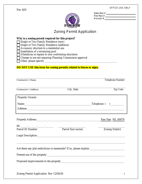 First page of the Zoning Permit Application