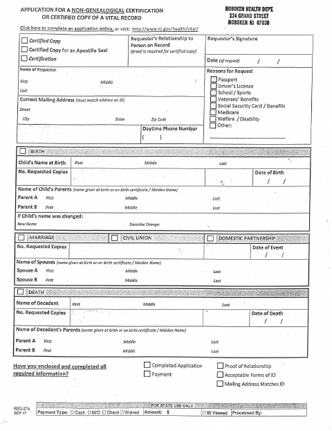First page of the Vital Statistics Application for Birth, Death, and Marriage Certificates