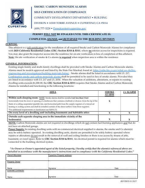 First page of the Smoke / Carbon Monoxide Alarms Self-Certification of Compliance