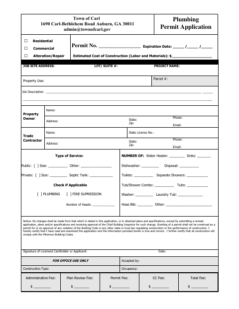 First page of the Plumbing Permit Application