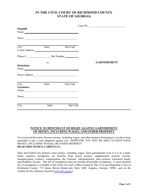 First page of the Notice to Defendant of Right Against Garnishment of Money, Including Wages, and Other Property