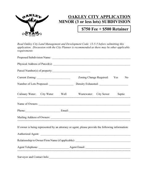 First page of the Minor Subdivision Application