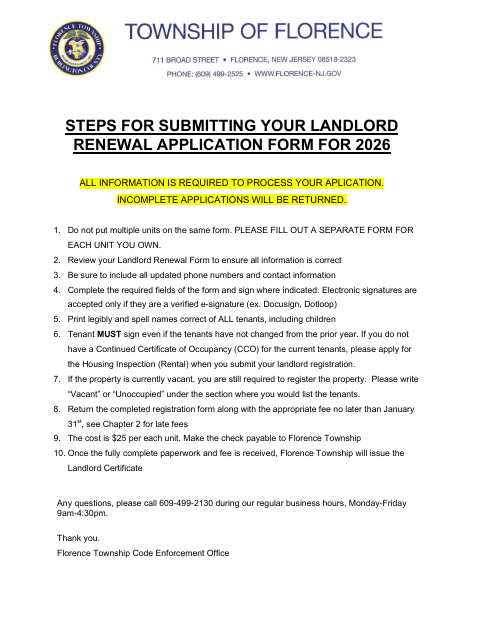 First page of the Landlord Renewal Form for 2026