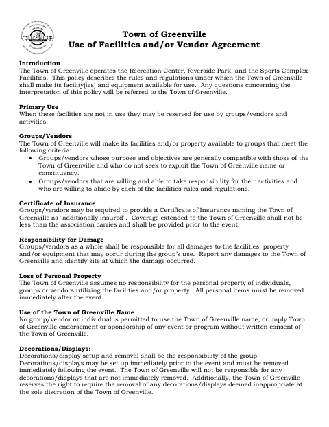 First page of the Use of Facilities and/or Vendor Agreement