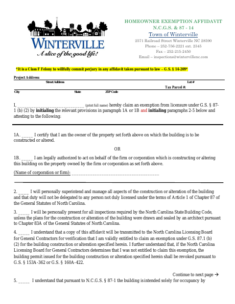 First page of the Homeowner Exemption Affidavit