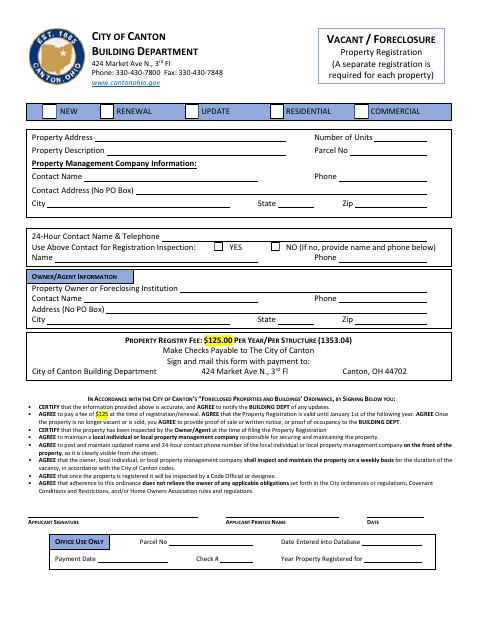 First page of the Vacant Foreclosure Property Registration