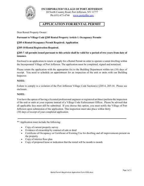 First page of the Rental Permit Registration Application