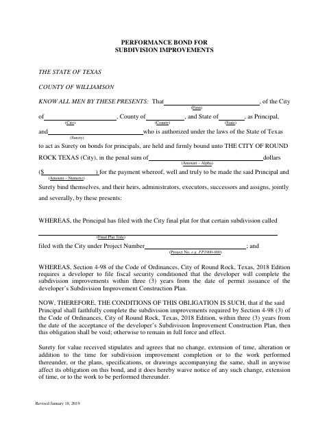 First page of the Performance Bond for Subdivision Improvements