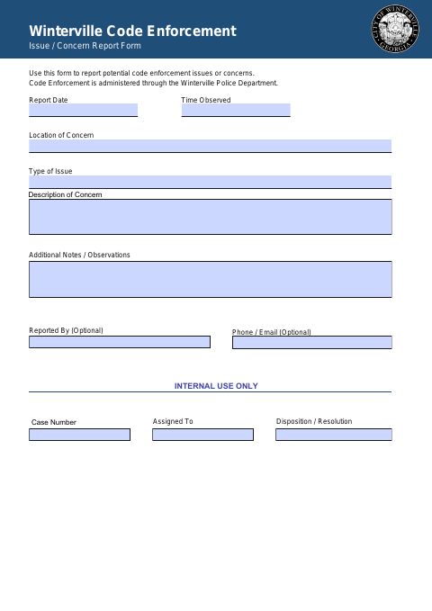 First page of the Code Enforcement Issue / Concern Report Form