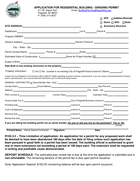 First page of the Residential Building / Grading Permit Application