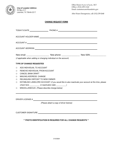 First page of the Utilities Change Request Form