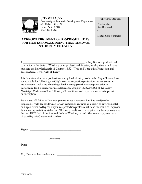 First page of the Acknowledgement of Responsibilities for Professionals Doing Tree Removal