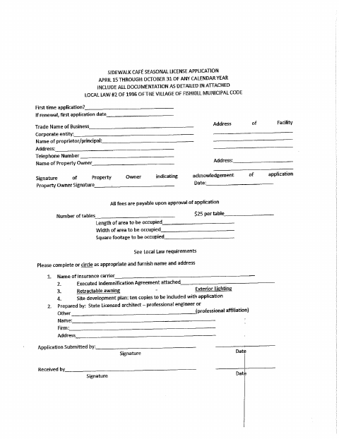 First page of the Sidewalk Cafe Seasonal License Application