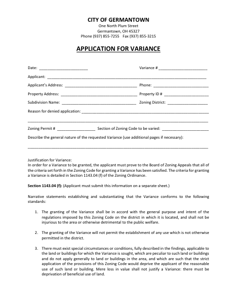 First page of the Application for Variance