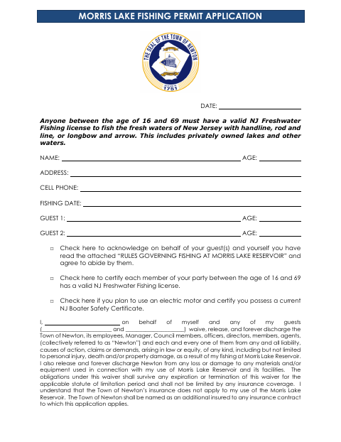 First page of the Morris Lake Fishing Permit Application
