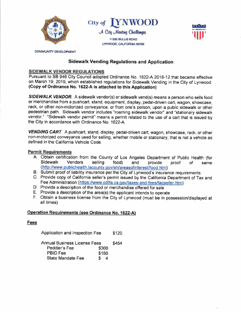 First page of the Sidewalk Vending Application