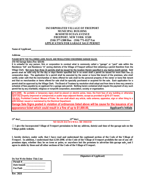 First page of the Application for Garage Sale Permit