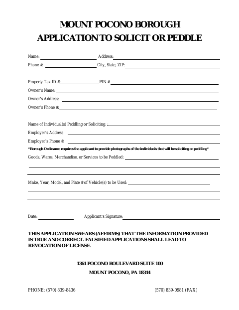 First page of the Application to Solicit or Peddle