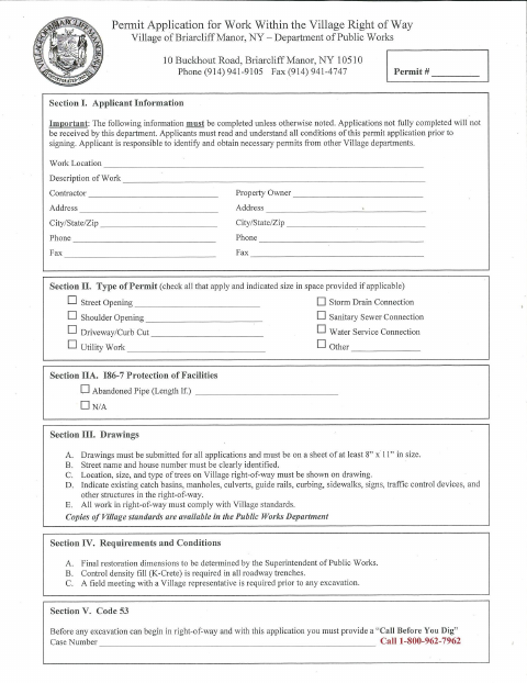 First page of the Excavation Permit Application for Work Within the Village Right of Way