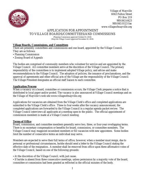 First page of the Application for Appointment to Village Boards, Committees, and Commissions