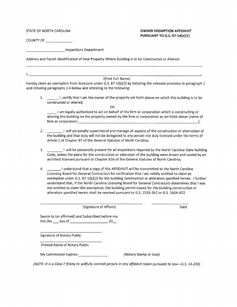 First page of the Owner Exemption Affidavit